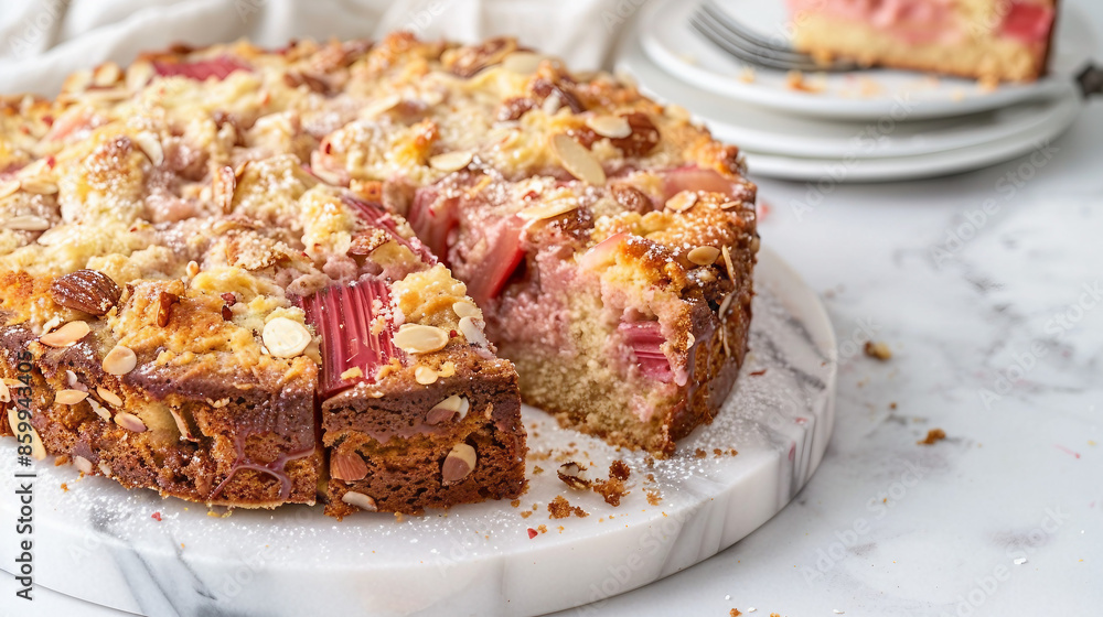 Sliced Rhubarb and Almond Cake on Marble Board Ready to Serve - Tasty Homemade Dessert Image Sliced Rhubarb and Almond Cake on Marble Board Ready to Serve - Tasty Homemade Dessert Image