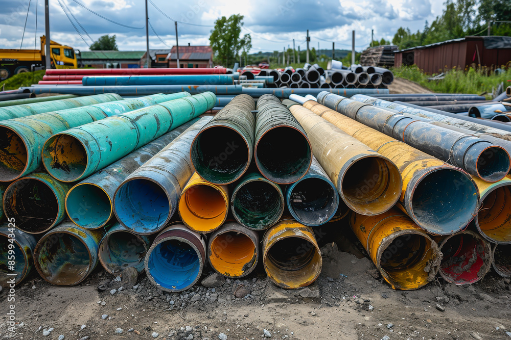Construction site, PVC pipes for sewerage pipeline, plumbing materials for repair.