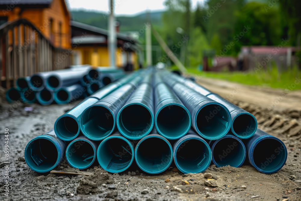 Construction site, PVC pipes for sewerage pipeline, plumbing materials for repair. Construction site, PVC pipes for sewerage pipeline, plumbing materials for repair.