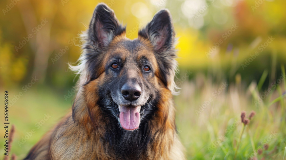 Fototapeta premium A large brown and black dog with a tongue sticking out has time outdoors
