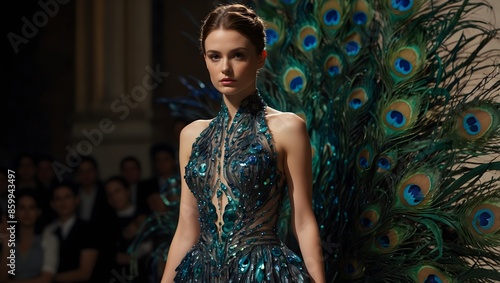 A costume designer inspired by the iridescent hues of peacock feathers, creating a gown that changes color with every movement ai_generated