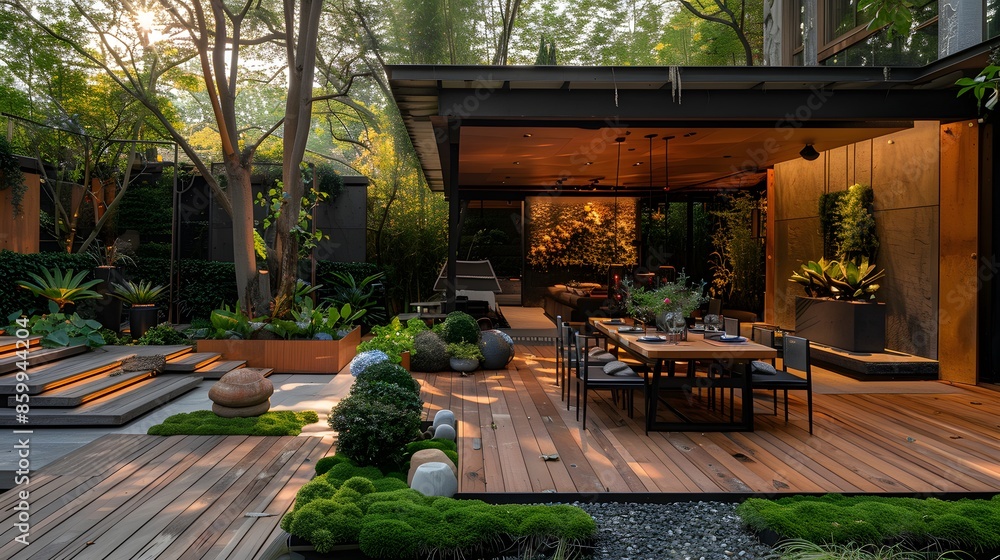 Obraz premium Elegant outdoor residential patio area with modern furniture and lush green landscaping captured at twilight.