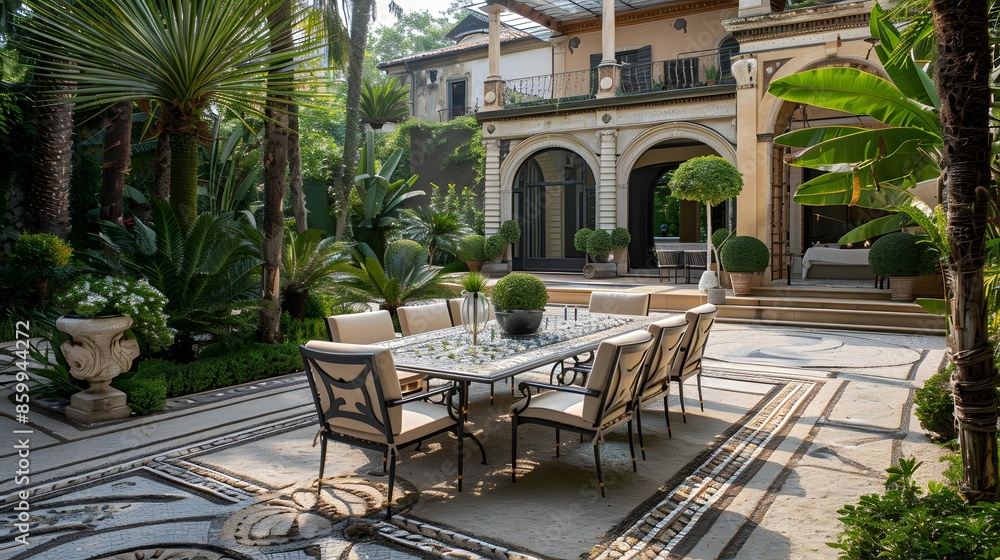 Fototapeta premium Elegant outdoor patio setup at a luxurious villa with lush greenery and intricate tile flooring 