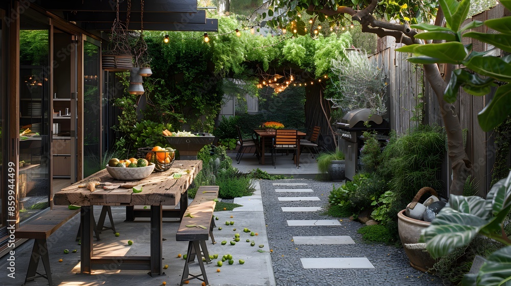 A cozy and lush backyard garden with dining table set for an alfresco meal under string lights and citrus trees. A cozy and lush backyard garden with dining table set for an alfresco meal under string lights and citrus trees.
