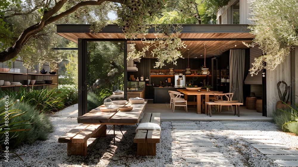 Modern outdoor dining area of a stylish house with open-plan design and nature integration, featuring a wooden table and cozy seating. Modern outdoor dining area of a stylish house with open-plan design and nature integration, featuring a wooden table and cozy seating.