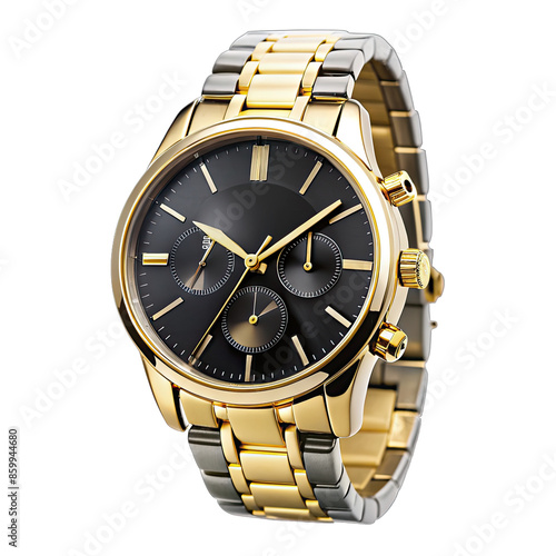 A close-up shot of a luxury black and gold wristwatch with a metal band. The watch features a chronograph function and is isolated on a white background. Generative AI