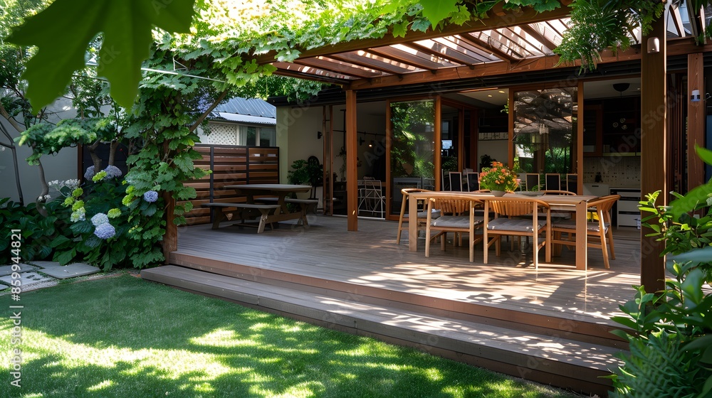 A spacious wooden deck patio with comfortable outdoor furniture under a modern pergola in a lush garden setting. A spacious wooden deck patio with comfortable outdoor furniture under a modern pergola in a lush garden setting.