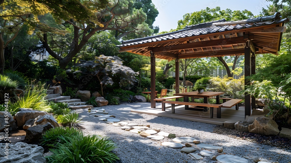 Obraz premium A tranquil Japanese garden featuring a wooden gazebo and a stone pathway surrounded by lush greenery and meticulously maintained plants.