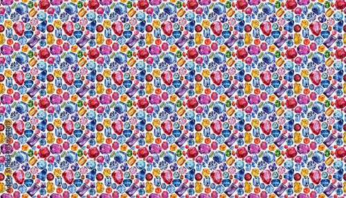 A water color painting pattern of colorful gemstones scattered on white background, arranged in random patterns, with no clear outline or shape