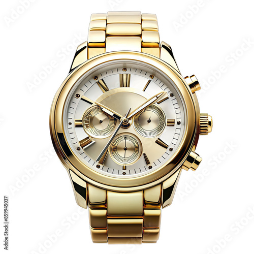 A close-up shot of a gold luxury watch with a white face, Roman numeral hour markers, and a three-subdial chronograph. Generative AI