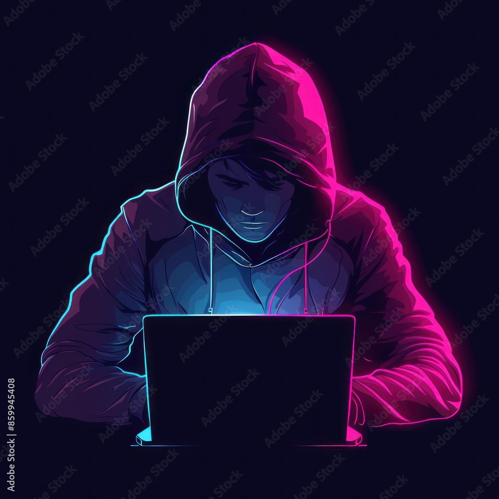 Digital Artist Engrossed in Creative Work on a Laptop in a Vibrant, Neon Environment Digital Artist Engrossed in Creative Work on a Laptop in a Vibrant, Neon Environment