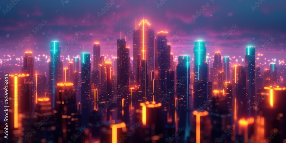 Neon Lights Illuminate a Futuristic Skyline at Dusk in a Modern Cityscape Neon Lights Illuminate a Futuristic Skyline at Dusk in a Modern Cityscape