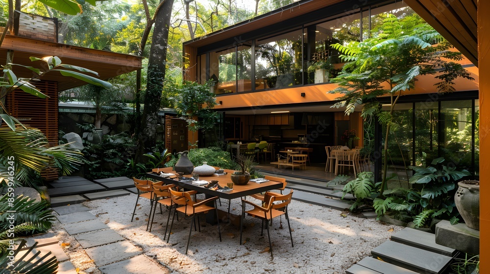 Fototapeta premium Modern outdoor dining area with a stylish table set in a lush garden in front of a contemporary home with large windows surrounded by trees