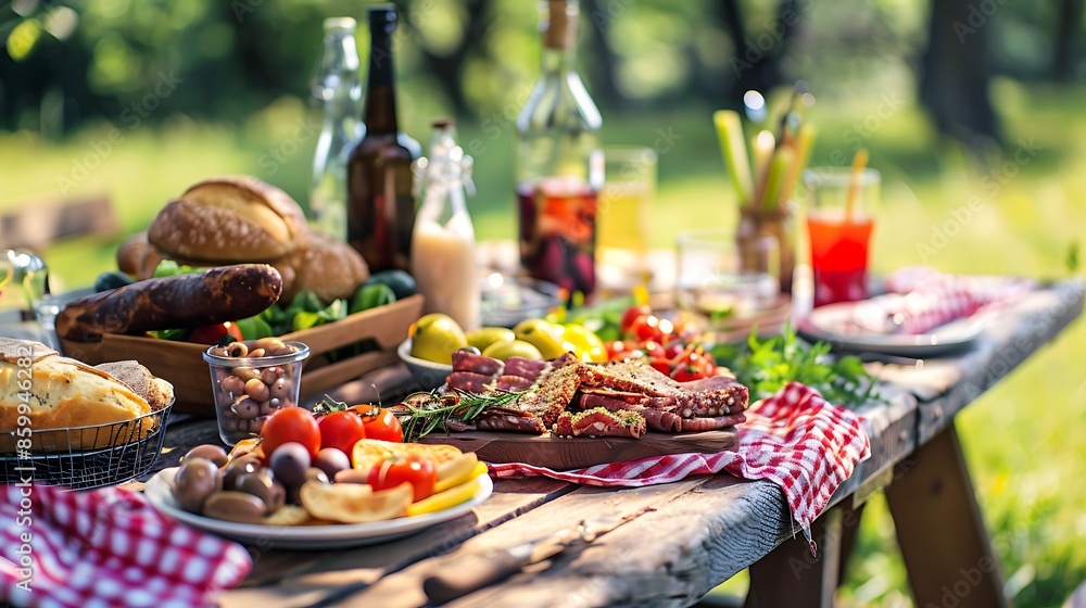 Food for picnic day in the countryside various foods on an old rustic wooden table Food for picnic day in the countryside various foods on an old rustic wooden table