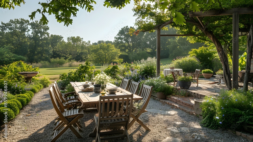 Obraz premium An idyllic outdoor dining setting in a lush garden with sunlight filtering through the trees 