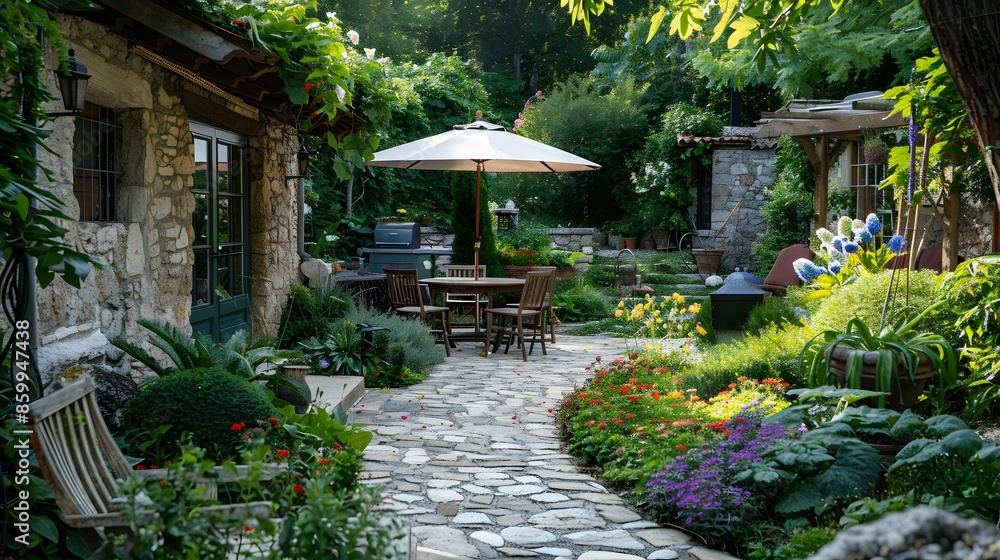 Obraz premium A quaint stone pathway leads through a lush, vibrant garden to a cozy outdoor dining area with a parasol-shaded table and chairs set against a rustic home facade.