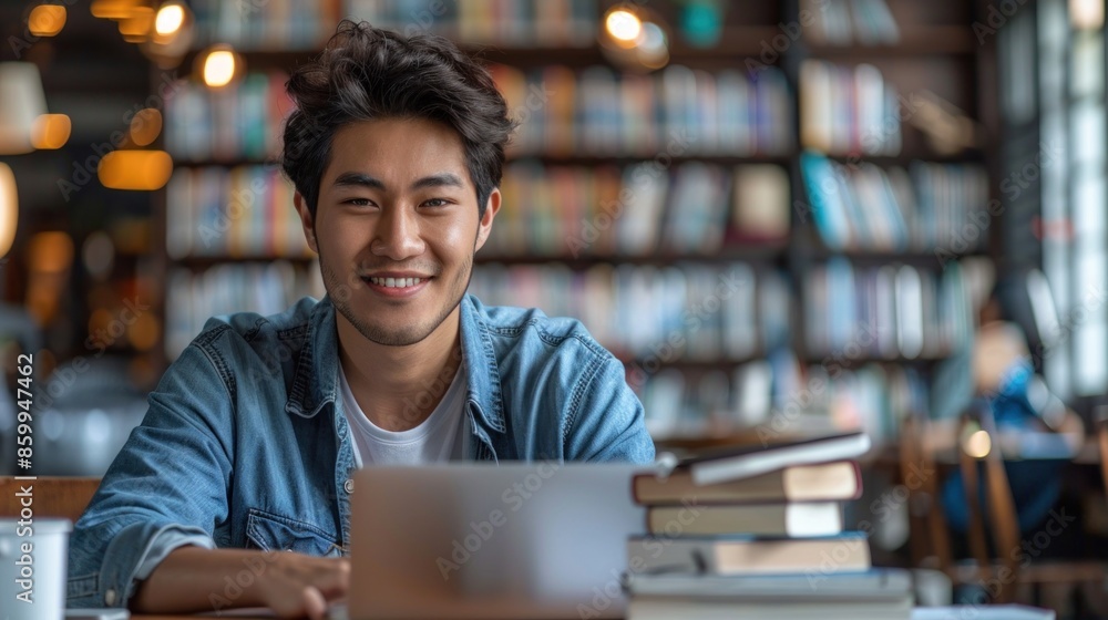 Asian male student smiling while studying at a laptop in a library, surrounded by books and a cozy cafe atmosphere. Asian male student smiling while studying at a laptop in a library, surrounded by books and a cozy cafe atmosphere.