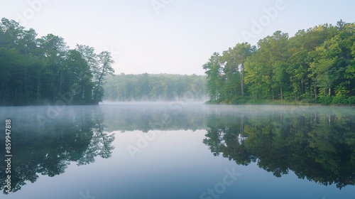 Serene Tranquility: Misty Morning at Lake with Enchanting Tree Surroundings