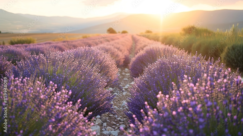 Obraz premium Tranquil Sunset Stroll: Lavender Field Pathway for Relaxation and Wellness
