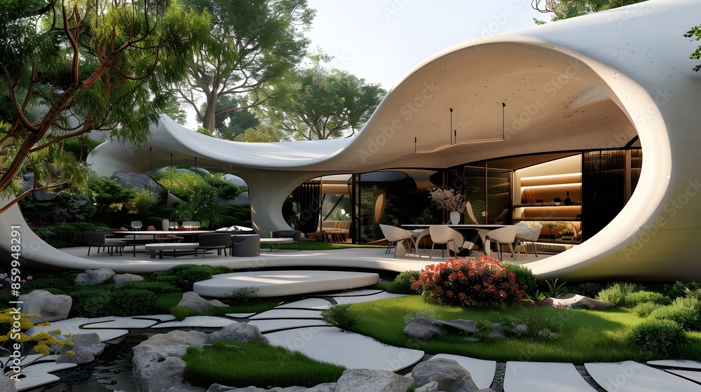 A stunning outdoor dining area and landscaped garden with a modern angular dining set, tall trees and a water feature under a serene sunset A stunning outdoor dining area and landscaped garden with a modern angular dining set, tall trees and a water feature under a serene sunset
