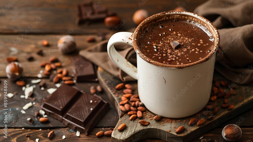 Hazelnut hot chocolate with chocolate next to it on wooden table Hazelnut hot chocolate with chocolate next to it on wooden table