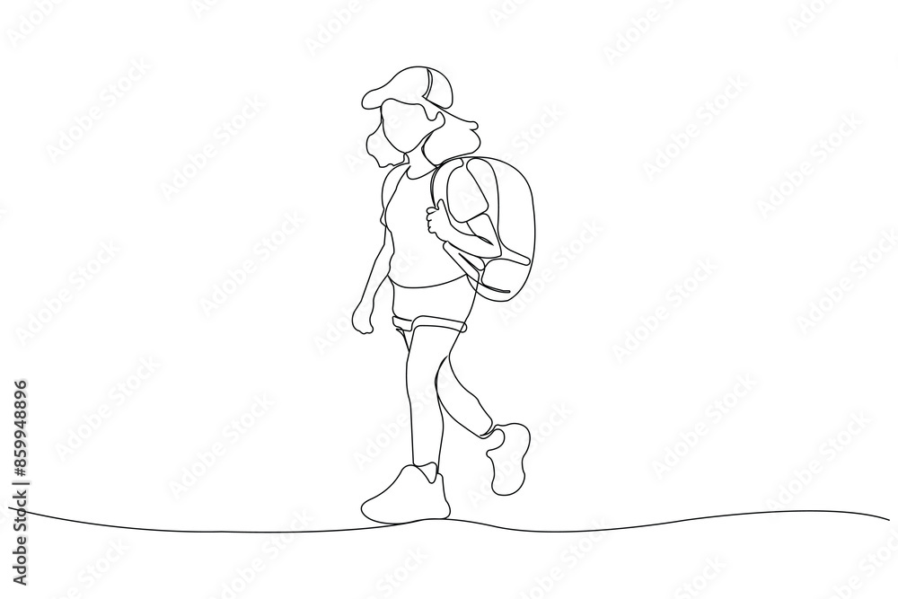 Young girl with backpack isolated line drawing. Education concept hand-drawn illustration Young girl with backpack isolated line drawing. Education concept hand-drawn illustration