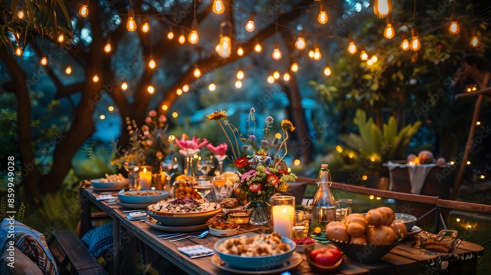 An elegant outdoor dinner party set in a lush garden with beautifully decorated table full of food, lanterns, and an array of lights showcasing warm summer vibes An elegant outdoor dinner party set in a lush garden with beautifully decorated table full of food, lanterns, and an array of lights showcasing warm summer vibes