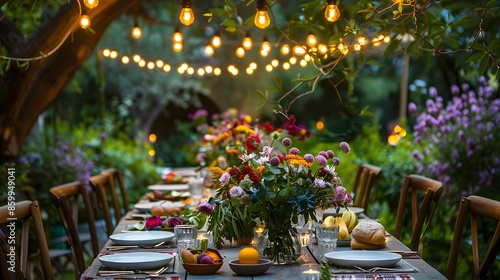 Lavish summer dinner party setup under a decorated pergola in a lush garden with beautifully arranged dining table, fairy lights and hanging lanterns.