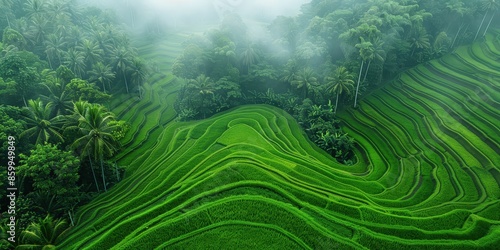 Aerial View of Lush Rice Terraces in Bali, Indonesia