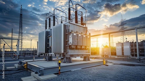 High voltage power transformer in substation general view to high voltage substation with switches sunny day
