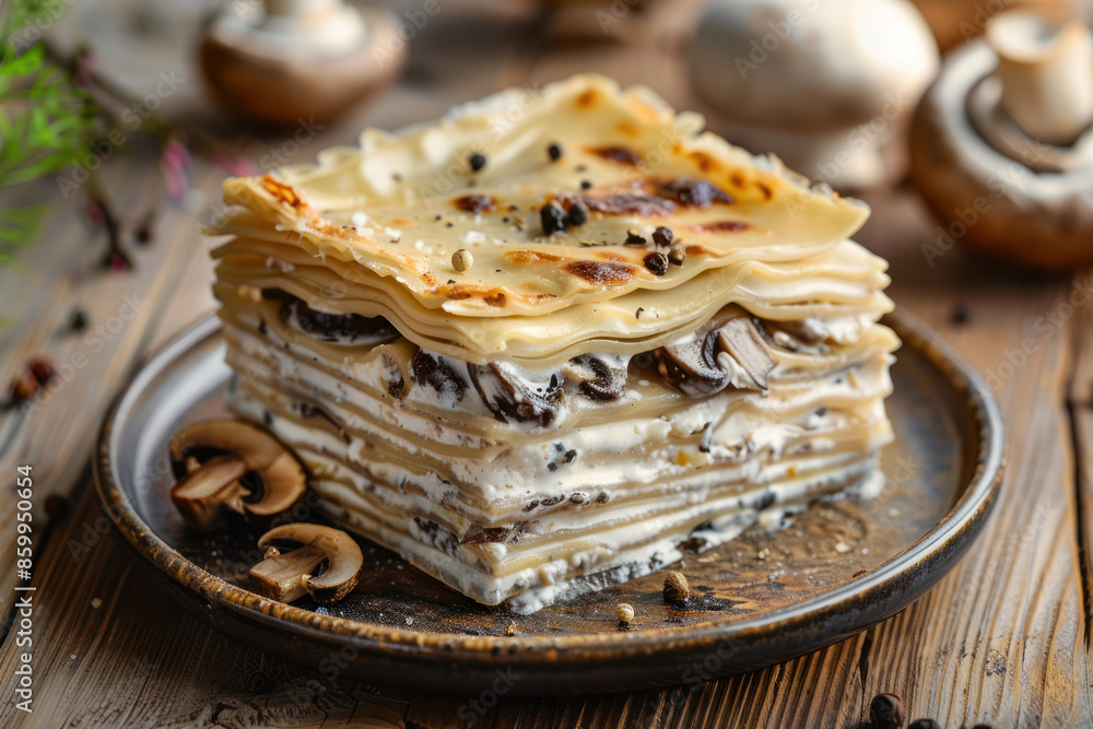 Close-up of a delicious mushroom lasagna with crispy layers and peppercorns, served on a rustic wooden table Close-up of a delicious mushroom lasagna with crispy layers and peppercorns, served on a rustic wooden table