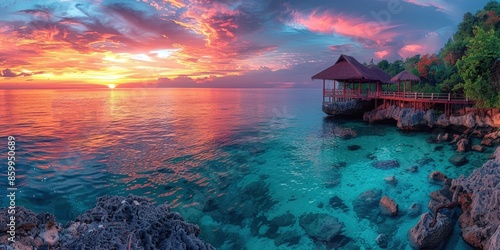 Tropical Sunset Over a Calm Ocean with a Wooden Gazebo