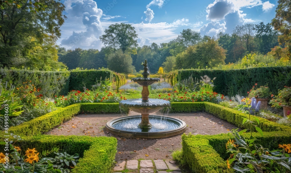 A tranquil medieval garden with meticulously trimmed hedges, a fountain, and blooming flowers A tranquil medieval garden with meticulously trimmed hedges, a fountain, and blooming flowers