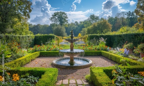 A tranquil medieval garden with meticulously trimmed hedges, a fountain, and blooming flowers