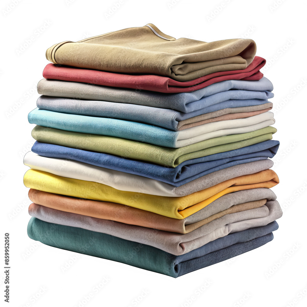A photograph of a stack of folded clothes, neatly arranged in various colors and textures, against a white background. Generative AI A photograph of a stack of folded clothes, neatly arranged in various colors and textures, against a white background. Generative AI