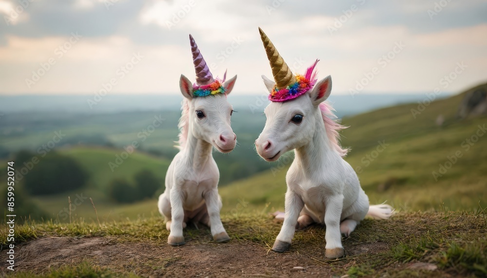 Obraz premium Two Adorable Mini Horses Dressed as Unicorns.