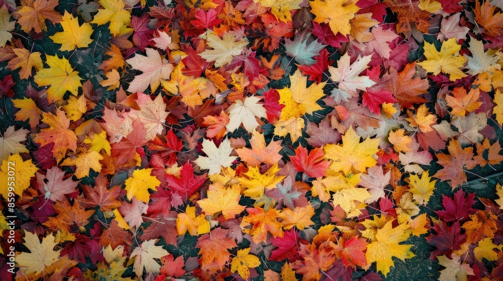 Colorful maple leaves covering the park ground aerial view showcasing autumn hues Colorful maple leaves covering the park ground aerial view showcasing autumn hues