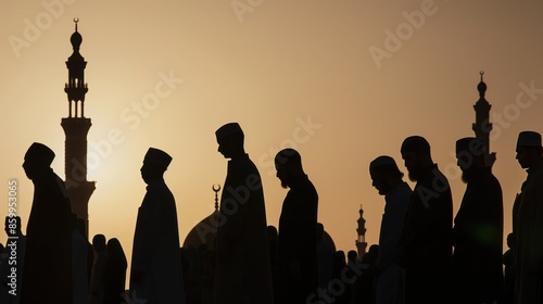 Silhouettes of men walking in a muslim funeral procession with mosque in the background, sunset lighting