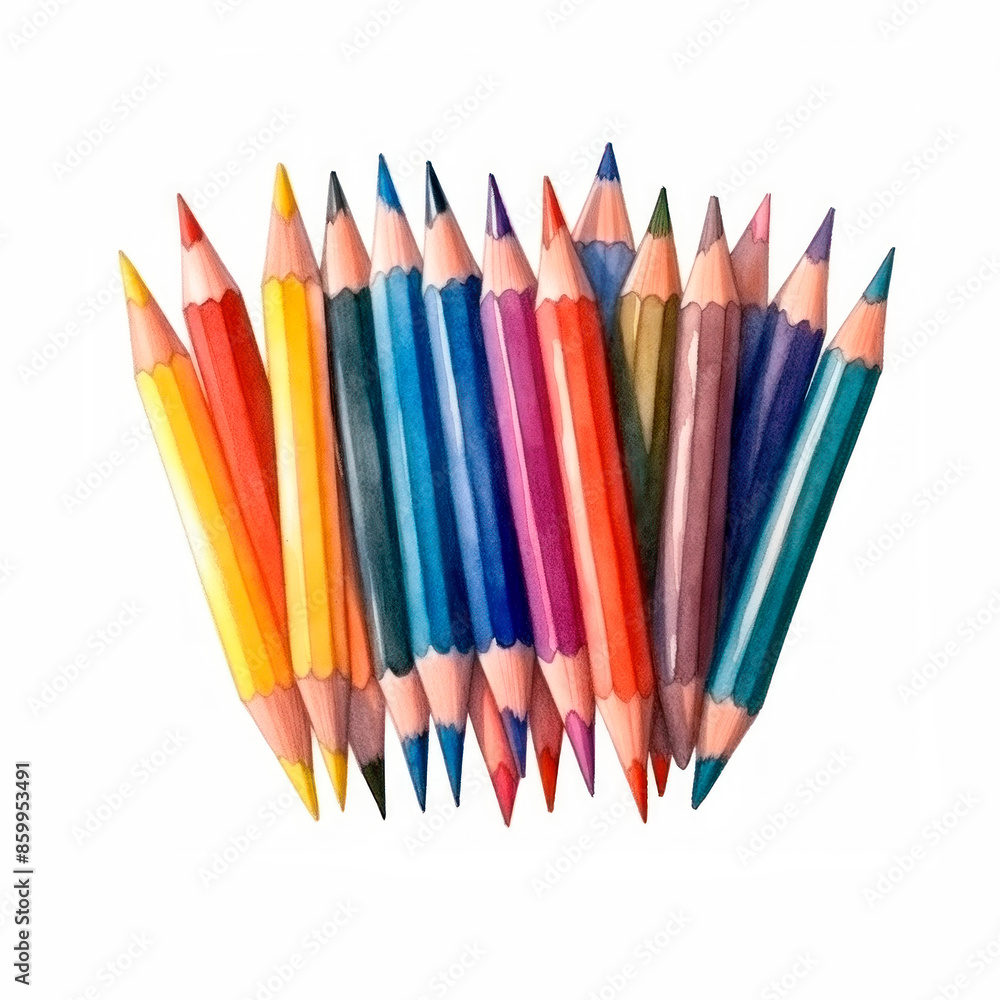 Collection of colored pencils on white on transparent background. Watercolor illustrations Back to School. Writing accessories for posters, posters, cards, holiday decor Collection of colored pencils on white on transparent background. Watercolor illustrations Back to School. Writing accessories for posters, posters, cards, holiday decor