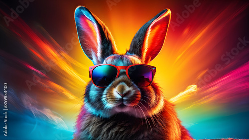 Cool bunny with sunglasses on colorful background
 photo