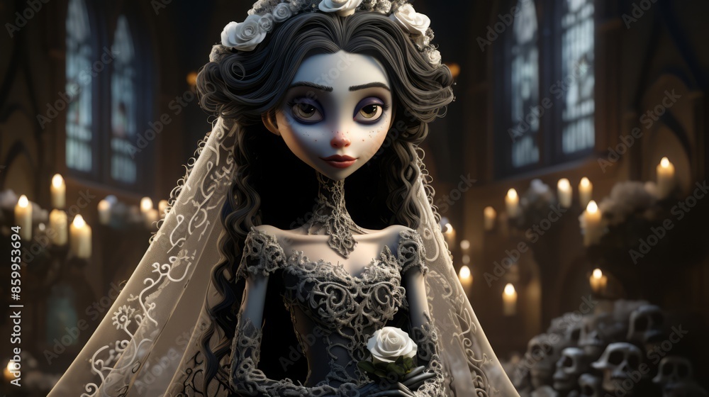 3d cartoon character Gothic bride in a dress and veil with black lace in a church. Halloween wedding, marriage. 3d cartoon character Gothic bride in a dress and veil with black lace in a church. Halloween wedding, marriage.