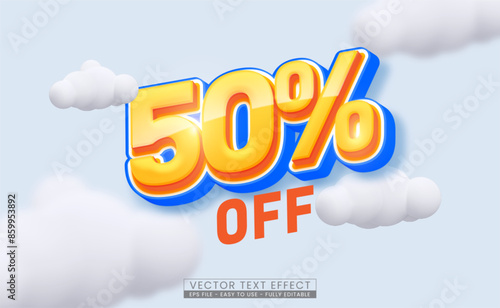 Editable 3d vector bold text 50 percent discount isolated