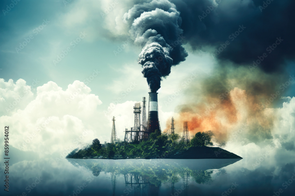 Fototapeta premium A factory spews black smoke into the sky, creating a thick smog that hangs over an industrial island. The reflection of the scene in the water highlights the severity of the environmental damage