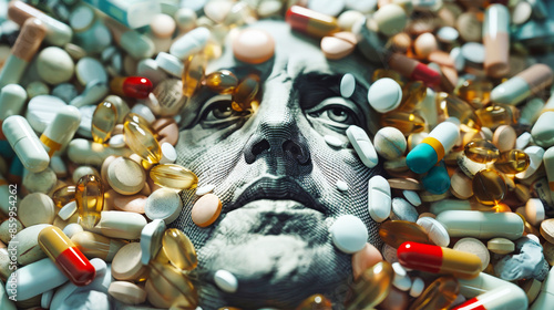 A close-up photograph of a US dollar bill, its face obscured by an abundance of various pills and capsules, symbolizing the high cost of medication