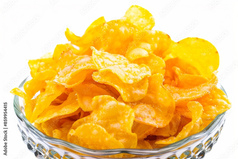A bowl of chips on a white background. A bowl of chips on a white background.