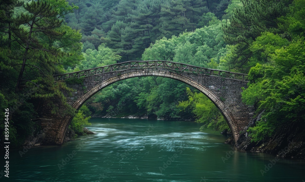 An old, stone bridge arching over a serene river with dense forest on either side An old, stone bridge arching over a serene river with dense forest on either side