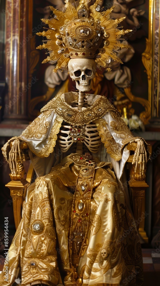 Obraz premium A skeleton in a golden dress sitting on a chair.
