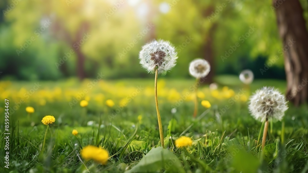 Fototapeta premium Spring Landscape Background with Dandelions. Made with Generative AI Technology