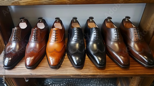 Luxury handcrafted leather shoes for sale in a small boutique for gentlemen classic and original designs of oxford shoes to look elegant and stylish with every outfit photo