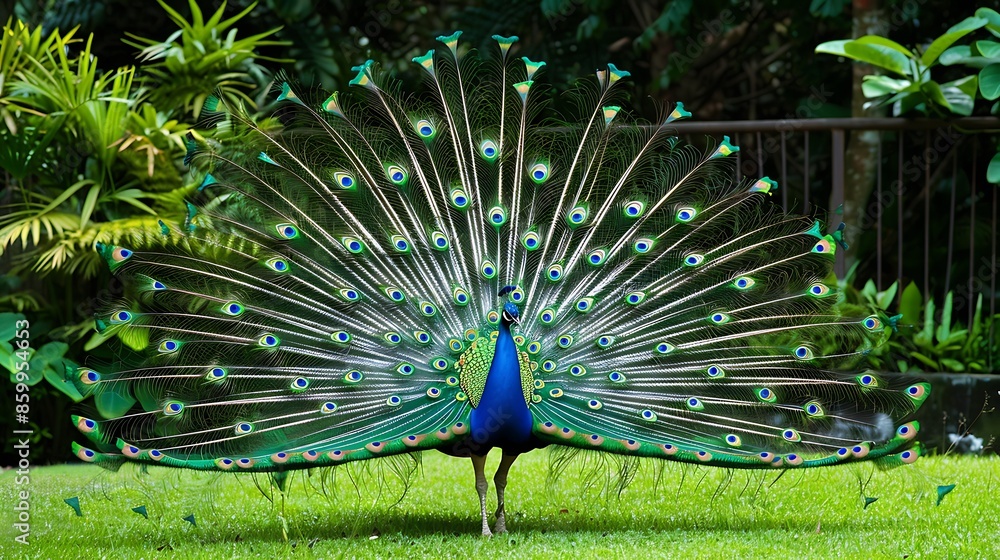 Obraz premium Male blue peacock displaying with its tail